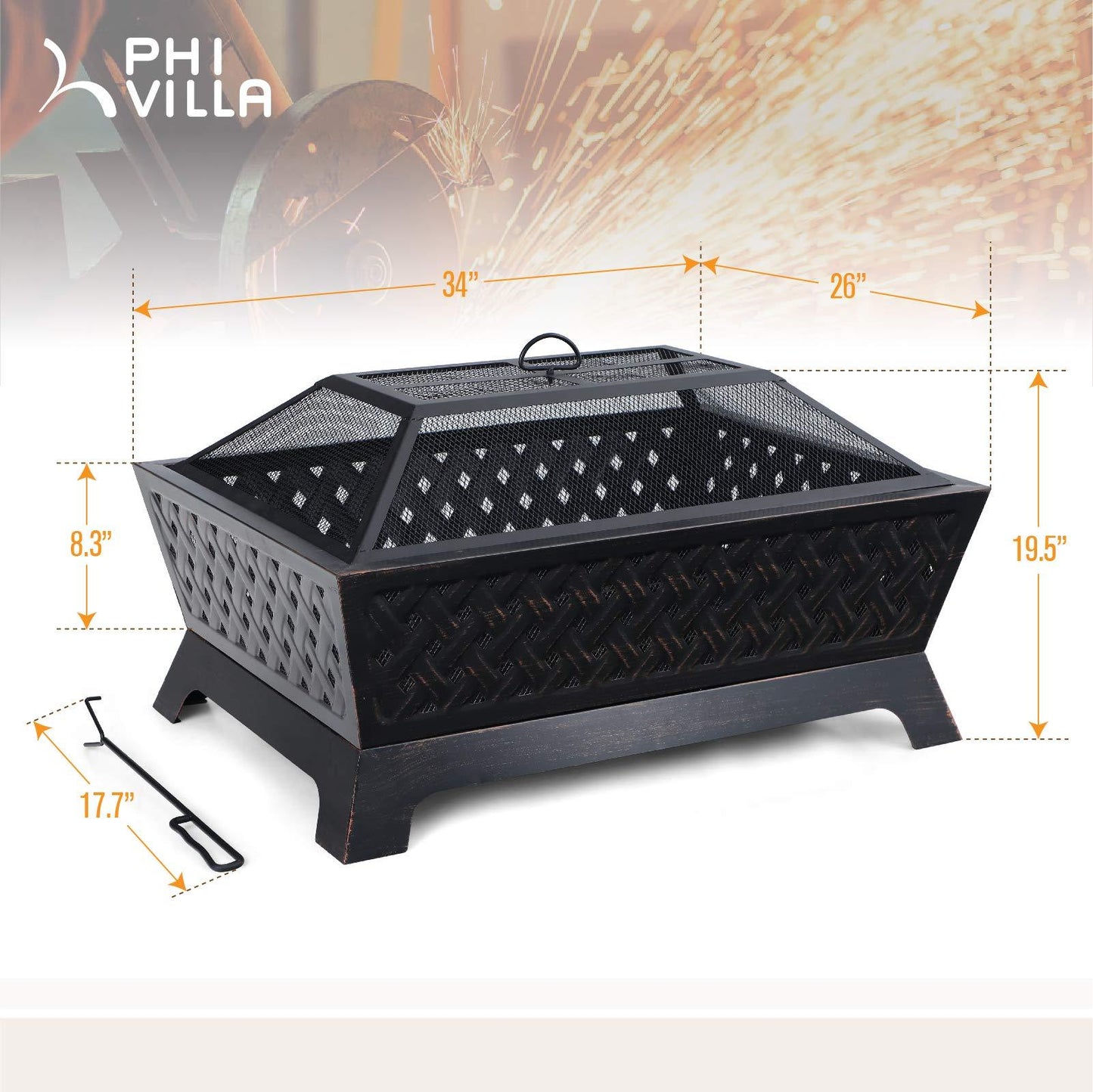 PHI VILLA Outdoor Wood Burning Fire Pits, Rectangular Deep Bowl Large Patio Firepit with Spark Screen, Poker & Metal Grate, 34" x 26" - CookCave