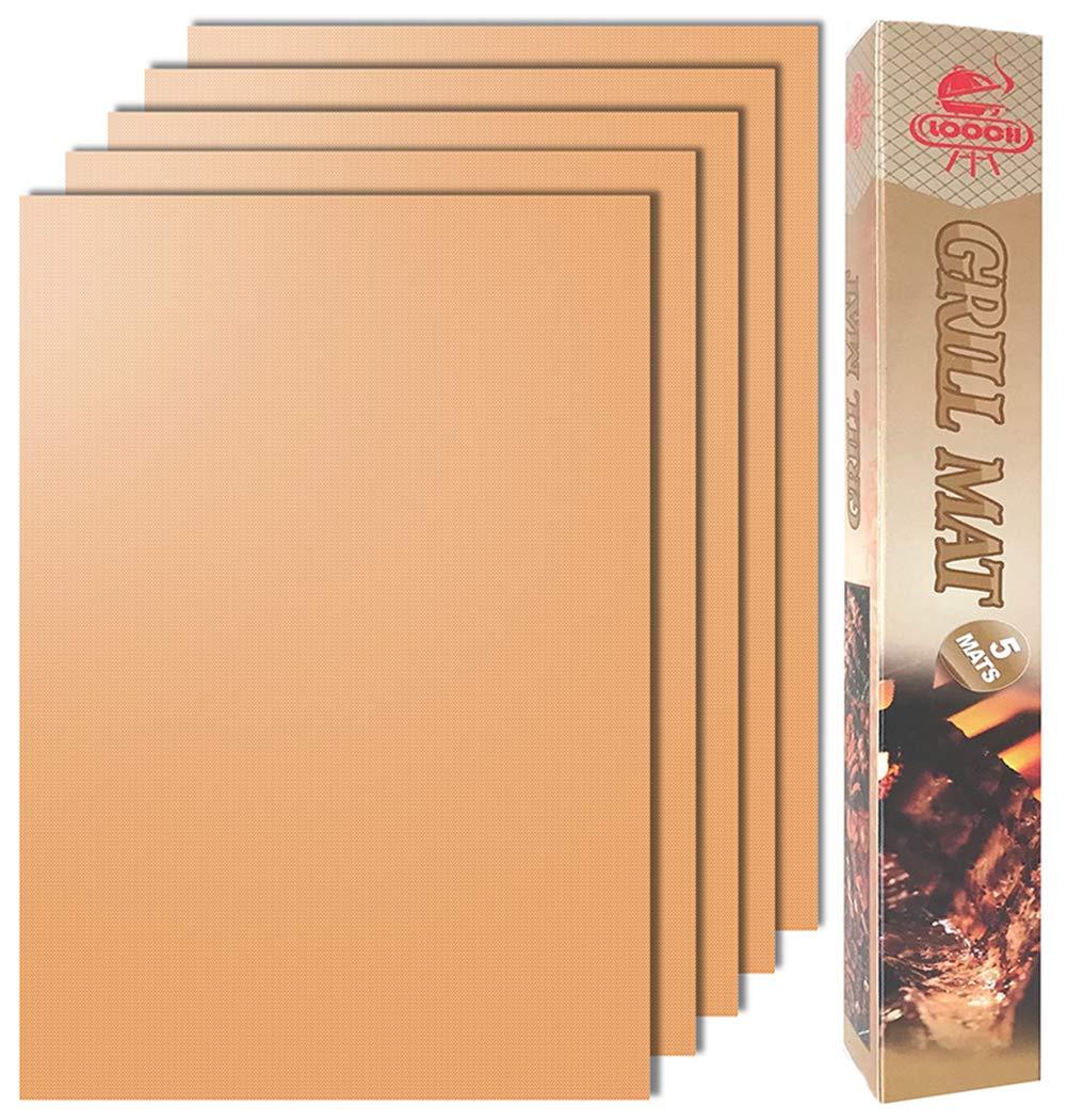 LOOCH Copper Grill Mat Set of 5 - Non-Stick BBQ Outdoor Grill & Baking Mats - Reusable and Easy to Clean - Works on Gas, Charcoal, Electric Grill and More - 15.75 x 13 Inch - CookCave