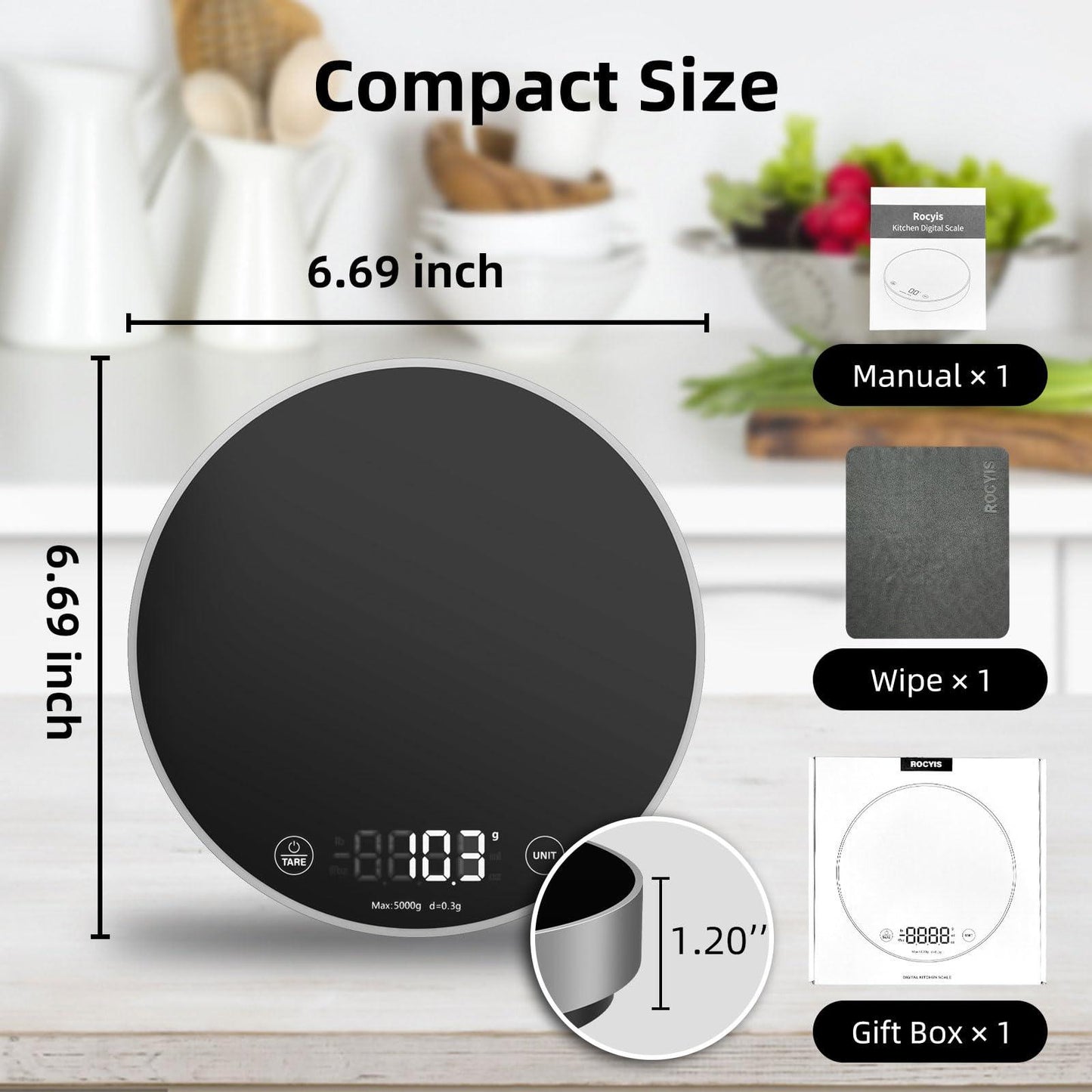 Rocyis Food Scale Digital Weight Grams 5KG/11lb Max Weight with 5 Units,0.1g/0.01oz Precise Graduation LED Display and Tare Function, Baking Scale for Weight Loss, Tempered Glass(Silver) - CookCave