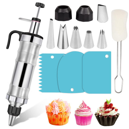 Icing Decoration Gun Set Dessert Decorating Decorator Syringe Cake Decorating Tool 6 Russian Piping Icing Nozzles Cream Scraper Cupcake Frosting Filling Injector Cake Icing Tools - CookCave