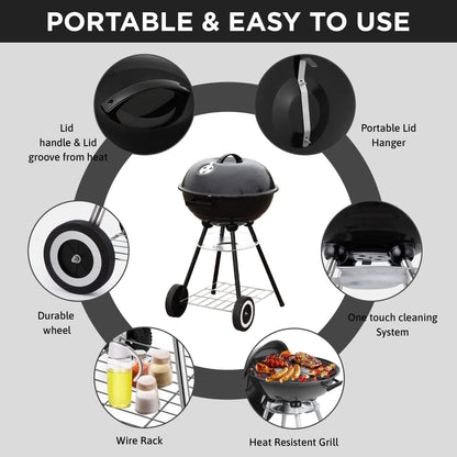 18 Inch Portable Charcoal Grill with Wheels for Outdoor Cooking Barbecue Camping BBQ Coal Kettle Grill - Heavy Duty Round with Thickened Grilling Bowl Wheels for Small Patio Backyard - CookCave