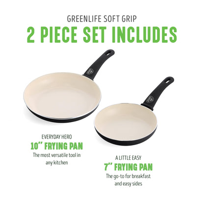 GreenLife Soft Grip Healthy Ceramic Nonstick 7" and 10" Frying Egg Omeltte Pan Skillet Set, PFAS-Free, Dishwasher Safe, Black and Cream - CookCave