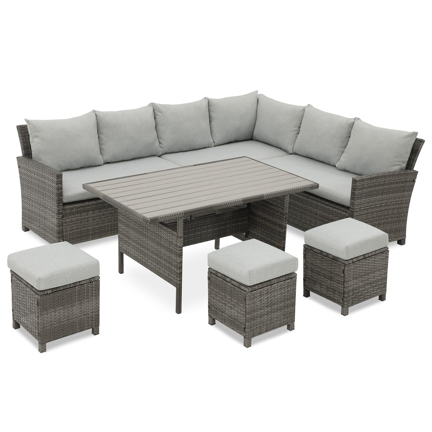 Wisteria Lane Patio Furniture Set, 7 Piece High Curved Back Outdoor Dining Sectional Sofa with Dining Table and Chair, All Weather Wicker Conversation Set with Ottoman, Grey - CookCave