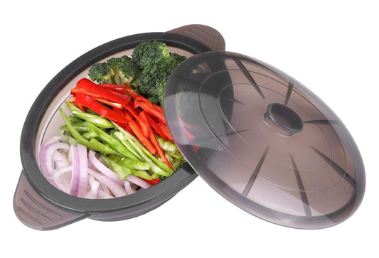 Microwave Steamer Cooker Collapsible Bowl-Silicone Steamer Cookware with Handle Lid for Vegetables Fish Prep Meal Food with Removable Rack BPA Free, Easy to Store, Freezer & Dishwasher Safe, Black - CookCave