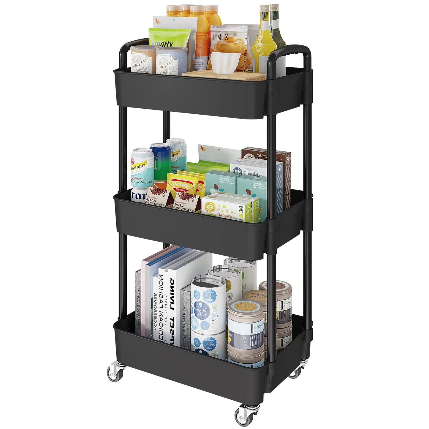 Laiensia 3-Tier Kitchen Storage Cart,Multifunction Utility Rolling Storage Organizer,Mobile Shelving Unit Cart with Lockable Wheels for Bathroom,Laundry,Living Room,With Classified Stickers,Black - CookCave