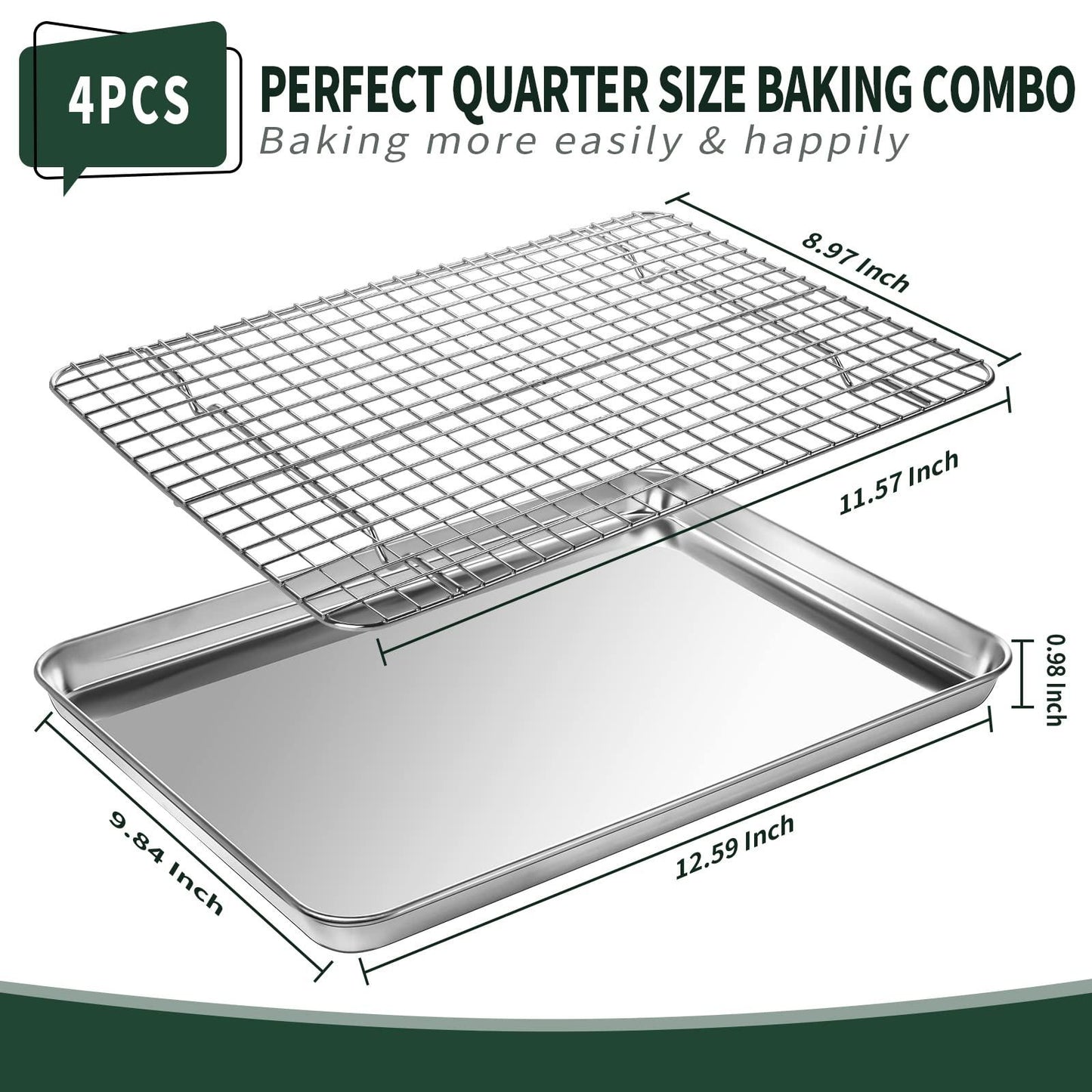 Quarter Sheet Pan with Cooling Rack Set [2 Baking Sheets + 2 Baking Racks], CEKEE Stainless Steel Cookie Sheets for Baking and Wire Rack - Rust & Warp Resistant & Nonstick, Size 12 x 9.8 x 1 Inch - CookCave