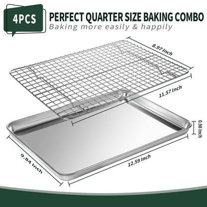 Quarter Sheet Pan with Cooling Rack Set [2 Baking Sheets + 2 Baking Racks], CEKEE Stainless Steel Cookie Sheets for Baking and Wire Rack - Rust & Warp Resistant & Nonstick, Size 12 x 9.8 x 1 Inch - CookCave