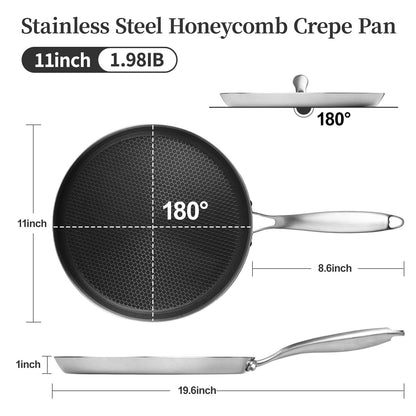 Innerwell Stainless Steel Crepe Pan - 11inch Nonstick Crepe Pan, Stainless Steel Honeycomb Coating Pancake Pan, Non Stick Flat Skillet Tawa Dosa Tortilla Griddle Pan, Induction Compatible, PFOA Free - CookCave