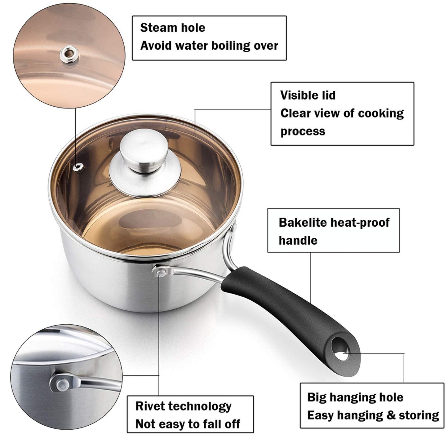 P&P CHEF 1 Quart Saucepan, Brushed Stainless Steel Saucepan with Lid, Small Sauce Pan for Home kitchen Restaurant Cooking, Easy Clean and Dishwasher Safe, Sliver, Brown, Black - CookCave