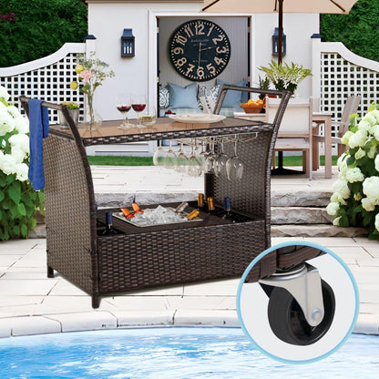 Seogwisam Outdoor Rolling Wicker Bar Cart,Rattan Serving Cart with Removable Ice Bucket,Glass Countertop,Goblet Wine Glass Holders and Storage Compartments, Wicker Bar Cart for Pool, Party, Backyard - CookCave