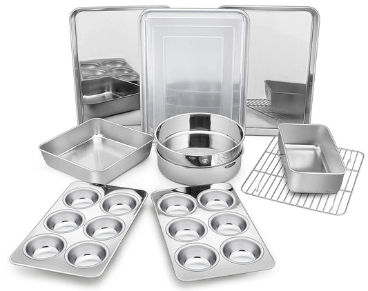 P&P CHEF Bakeware Sets of 11, Stainless Steel Baking Pans Set, Includes Baking Sheets and Rack, Lasagna Pan with Lid, Round/Square Cake Pan, Muffin Pans, Loaf Pan, Reusable & Durable - CookCave