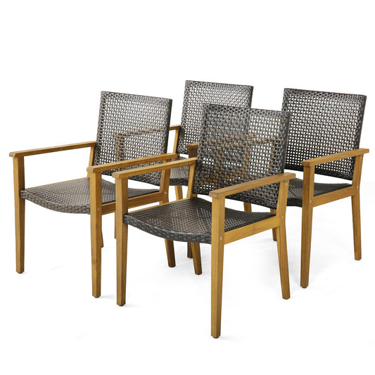 Tangkula Patio Dining Chairs Set of 4, Outdoor Acacia Wood & PE Wicker Chairs with Armrests, Outdoor Rattan Armchairs for Garden, Backyard, Poolside, Balcony (Mix Brown) - CookCave