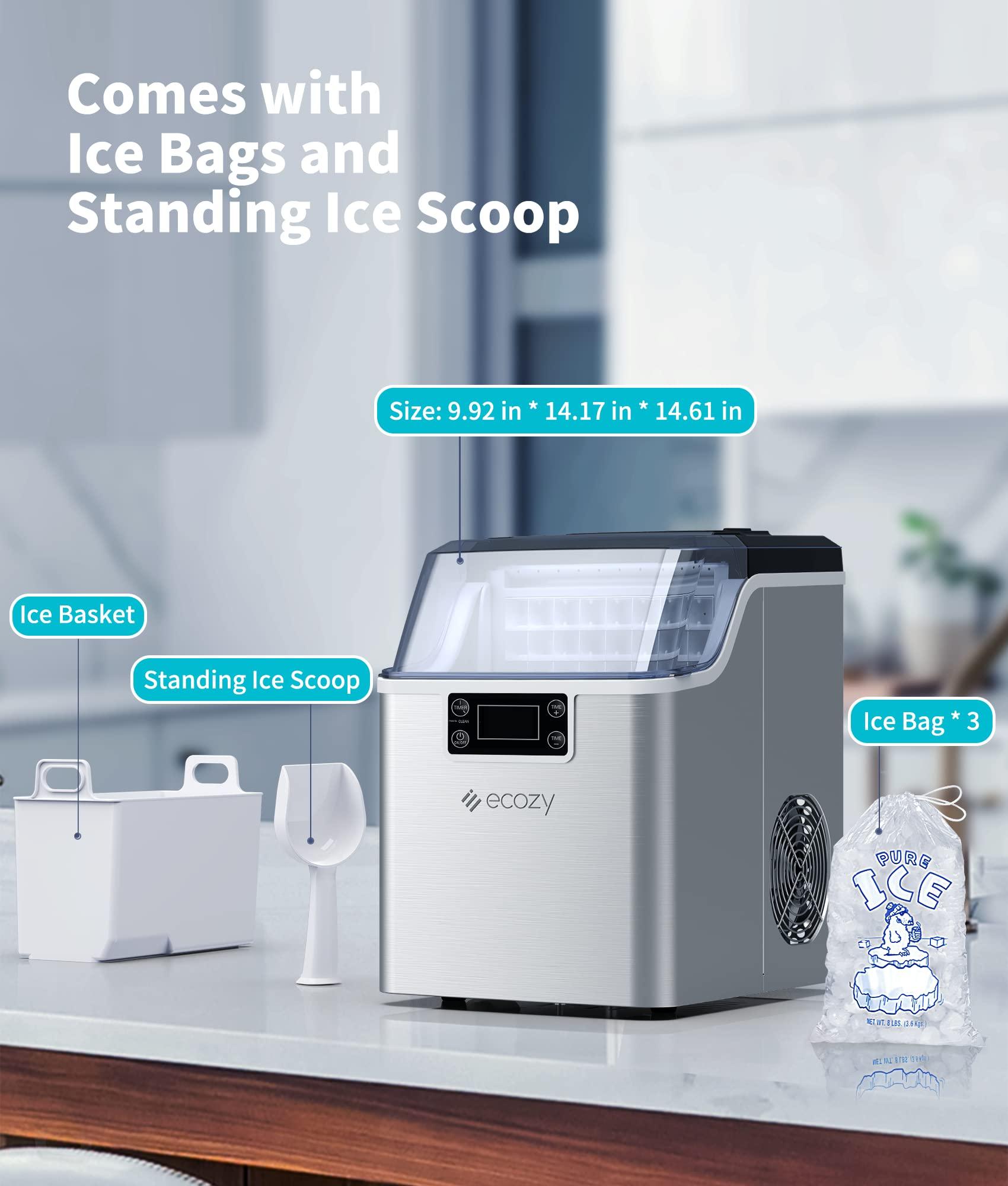 ecozy Countertop Ice Makers, 45lbs Per Day, 24 Cubes Ready in 13 Mins, Stainless Steel Housing, Auto Self-Cleaning Ice Maker with Ice Bags and Ice Scoop for Kitchen Office Bar Party - CookCave