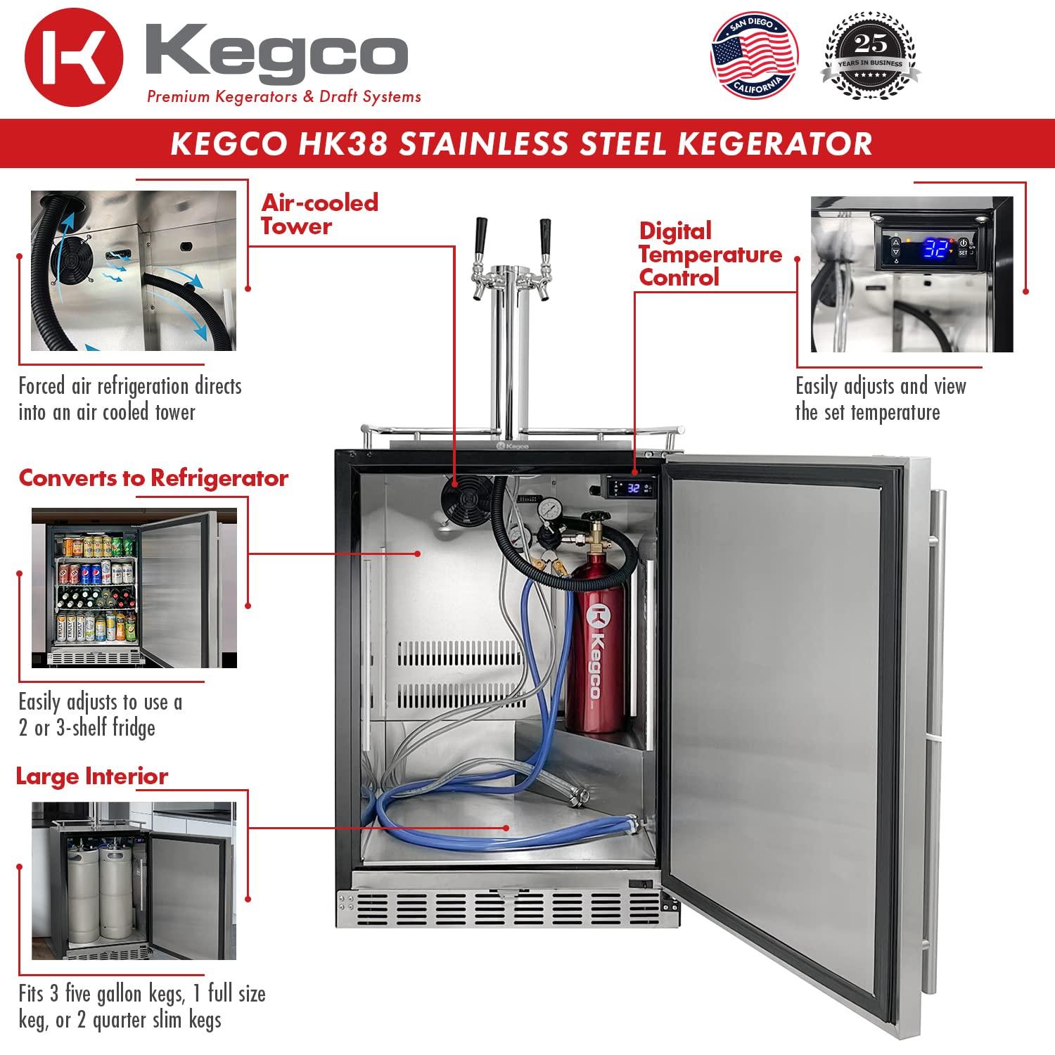 Kegco Kegerator 24" Wide Dual Tap Black/Stainless Steel Undercounter Beer Dispenser HK38BSU-2 - CookCave