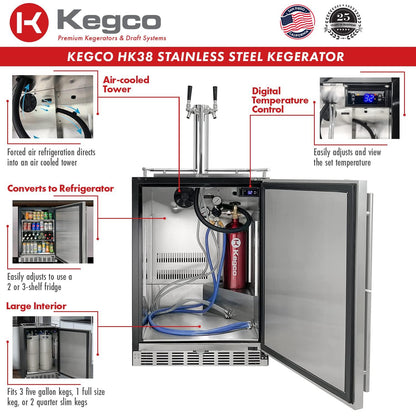 Kegco Kegerator 24" Wide Dual Tap Black/Stainless Steel Undercounter Beer Dispenser HK38BSU-2 - CookCave