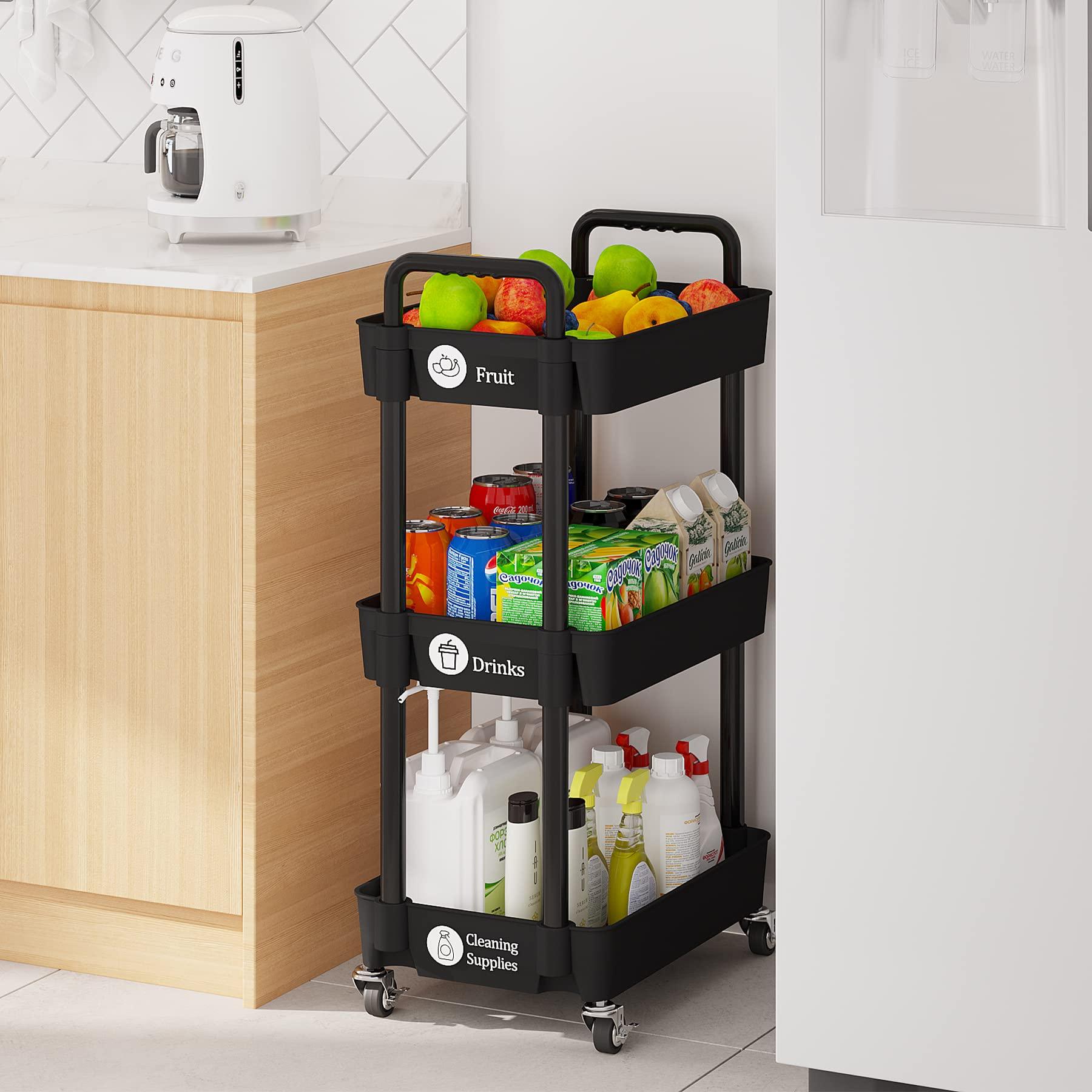 Laiensia 3-Tier Kitchen Storage Cart,Multifunction Utility Rolling Storage Organizer,Mobile Shelving Unit Cart with Lockable Wheels for Bathroom,Laundry,Living Room,With Classified Stickers,Black - CookCave