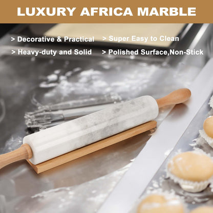 Koville Luxury African Marble Rolling Pin, Non-Stick Polished Dough Roller, Pasta, Dumpling, Fondant, Pie Crust, Bread, Pizza Dough, Kitchen Baking Pastry Tools with Mat/Scraper（Namib Fantasy） - CookCave