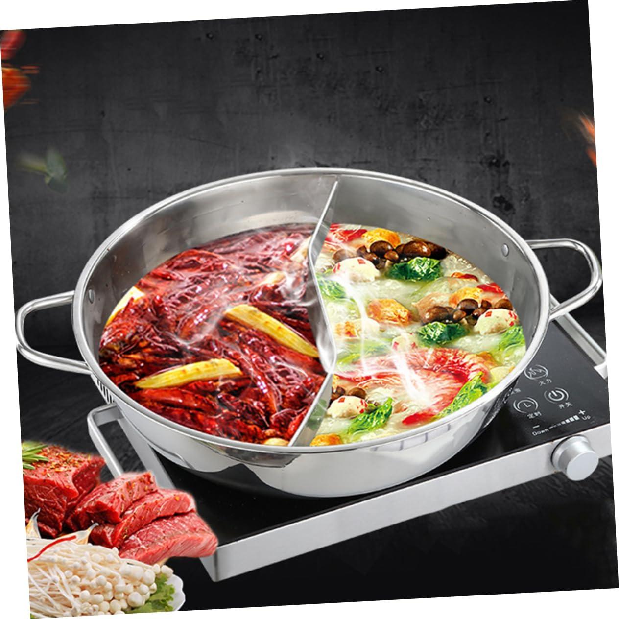 FELTECHELECTR Stainless Steel Mandarin Duck Pot Wok Pan with Lid Nonstick Cookware Ramen Hot Pot Chinese Divided Hotpot Divided Hotpot Pot Shabu Hot Pot Silver Practical Hot Pot Soup Pot Split - CookCave