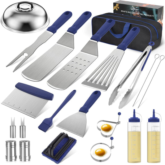 Latiret Blackstone Griddle Accessories Kit, 21Pcs Grilling Accessories Set for Camp Chef, Flat Top Griddle Accessories with Scraper, Spatula, Basting Cover, Tongs, Egg Ring, Outdoor Grill Tools Blue - CookCave