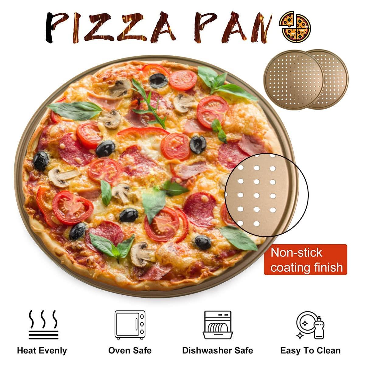 COOKWIN 2 Pack Pizza Pan,Pizza Pan for Oven,12.6 Inch Pizza Baking Pan,Non-Stick Golden Carbon Steel pizza pan with holes,Organosilicon Coated Crisper Pan,Dishwasher Safe - CookCave