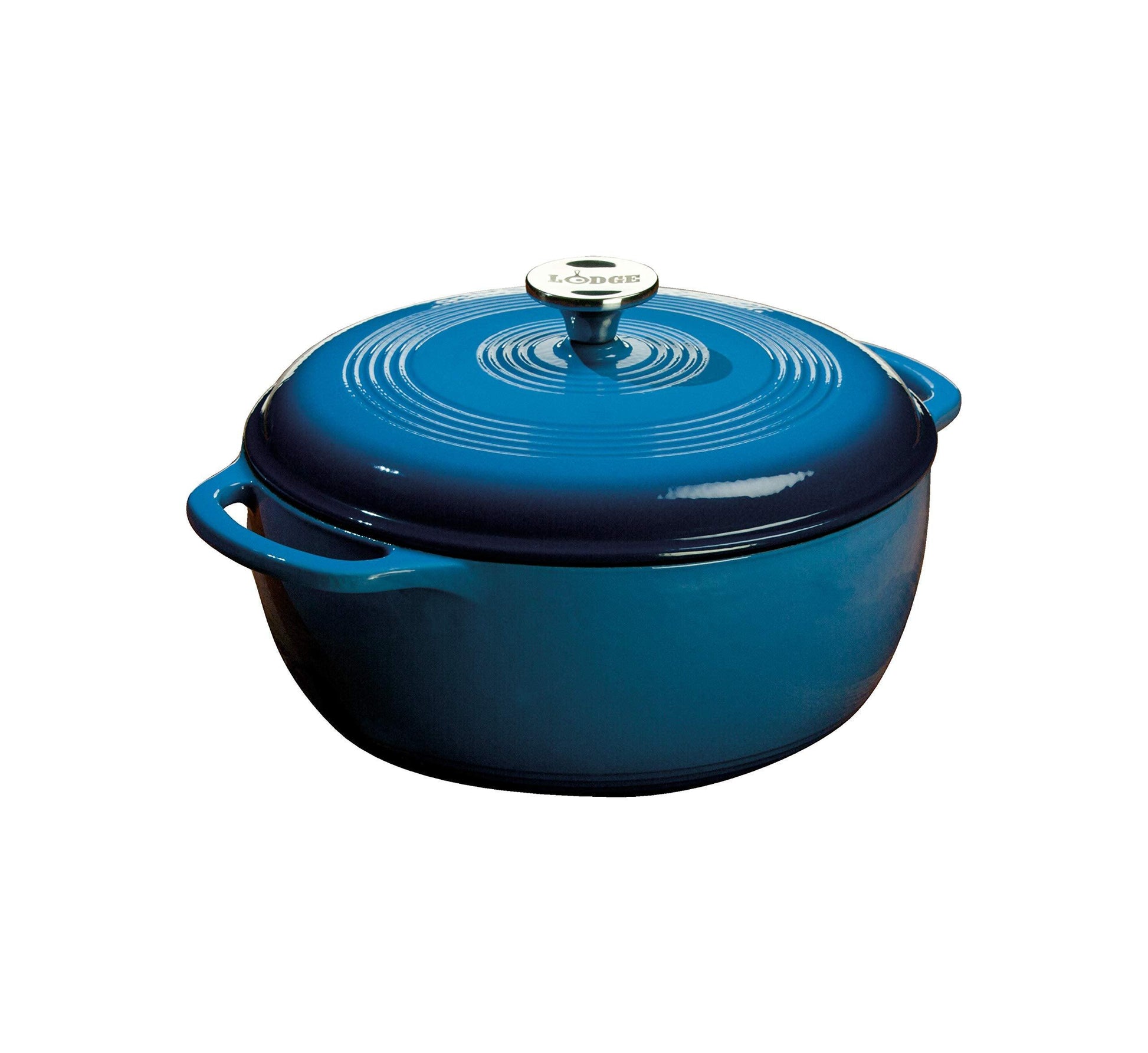 Lodge 6 Quart Enameled Cast Iron Dutch Oven with Lid – Dual Handles – Oven Safe up to 500° F or on Stovetop - Use to Marinate, Cook, Bake, Refrigerate and Serve – Blue - CookCave