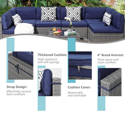 Patiorama 7 Pieces Outdoor Patio Furniture Set, All Weather Grey PE Wicker Rattan Sectional Conversation Set, Porch Garden W/Built-in Glass Table, Seat Clips, Navy Blue Cushions - CookCave