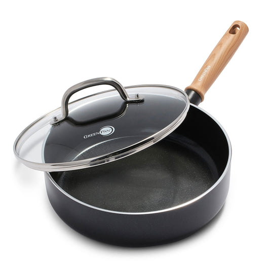 GreenPan Hudson Healthy Ceramic Nonstick, 3QT Saute pan Jumbo Cooker with Lid, Vintage Wood Insipred Handle, PFAS-Free, Dishwasher Safe, Black - CookCave