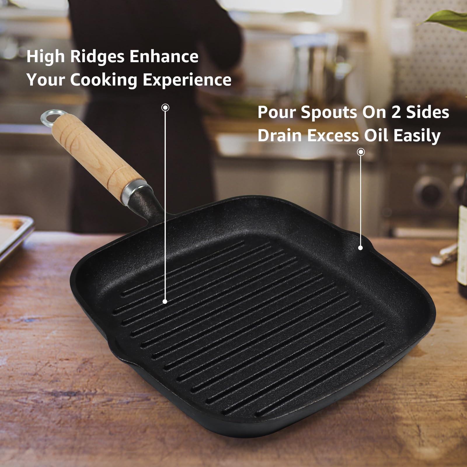 Bazova Cast Iron Griddle Grill Pan, Stovetop Griddle Pan with Ridges 8.3 Inch Grilling Plates with Pour Spouts Stove Top Gas Grill for Steak, BBQ & Camping Grill, Suitable for All Stovetops Oven Safe - CookCave