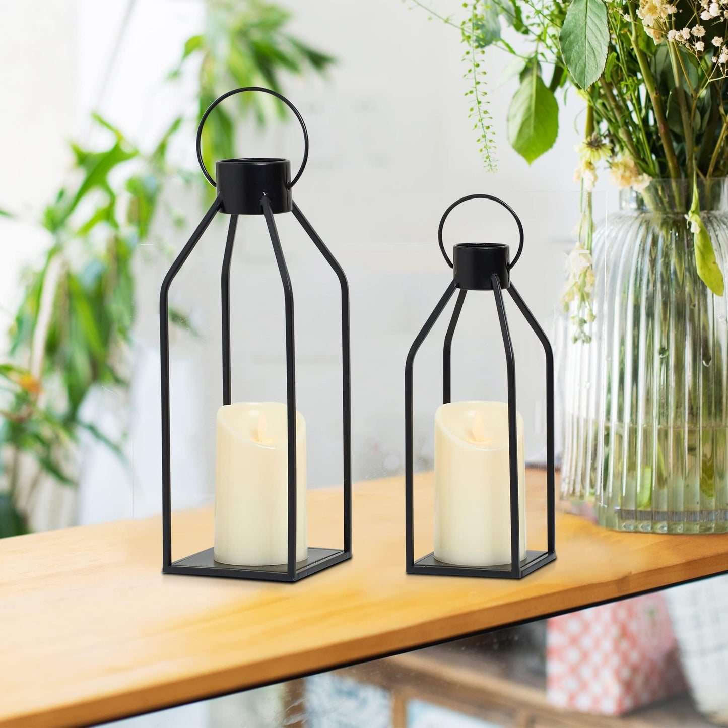HPC Decor Modern Farmhouse Lantern Decor- Black Metal Candle Lanterns for Christmas- Lanterns Decorative w/Timer Flickering Candles for Living Room,Home,Indoor, Outdoor,Table,Fireplace Mantle Decor - CookCave