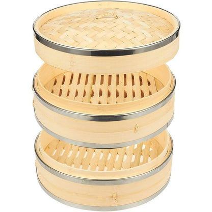 Juvale 2-Tier 10 Inch Bamboo Steamer Basket with Steel Rings - Large Capacity Dumpling, Vegetable Steamer Basket (10x6.5x10 in) - CookCave