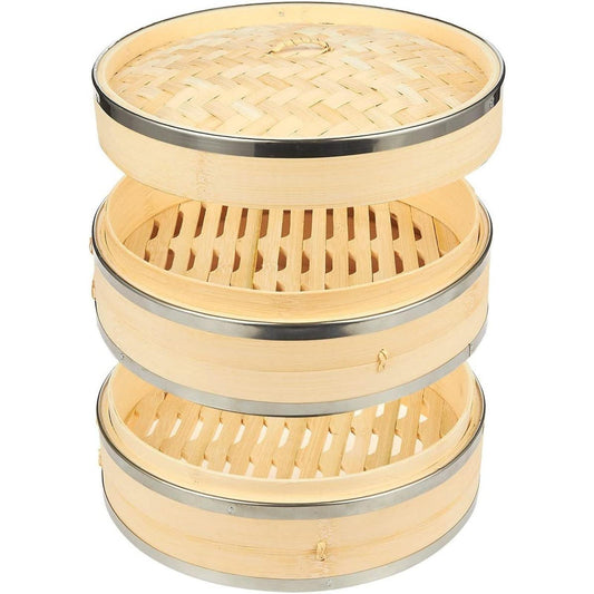 Juvale 2-Tier 10 Inch Bamboo Steamer Basket with Steel Rings - Large Capacity Dumpling, Vegetable Steamer Basket (10x6.5x10 in) - CookCave