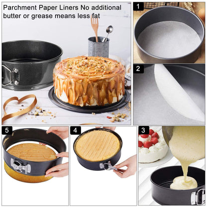 WERTIOO Springform Pan set, (4"/7"/9") Set of 3 Round Baking Pans, Nonstick Leakproof Cake Pan Bakeware Cheesecake Pan with 50 Pcs Parchment Paper Liners and 1 Silicone Spatula - CookCave