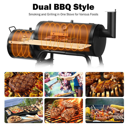 HAPPYGRILL Outdoor BBQ Grill with Offset Smoker & Thermometer, Portable Barbecue Charcoal Grill Oven with Wheels for Patio Backyard Party - CookCave
