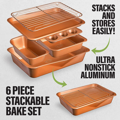 Gotham Steel 6 Pc Stackable Bakeware Set/Baking Pans Set Nonstick with Oven Pans + Baking Sheet Set and Wire Rack, Complete Baking Set for Kitchen, Oven/Dishwasher Safe, 100% Non Toxic - CookCave