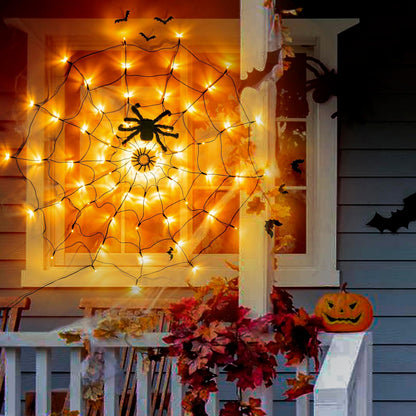 Vanthylit Halloween Spider Web Lights with Black Spider, 70 LED Waterproof Orange Light Up Spiderweb, Halloween Lights for Window Room Indoor Outdoor Decorations - CookCave