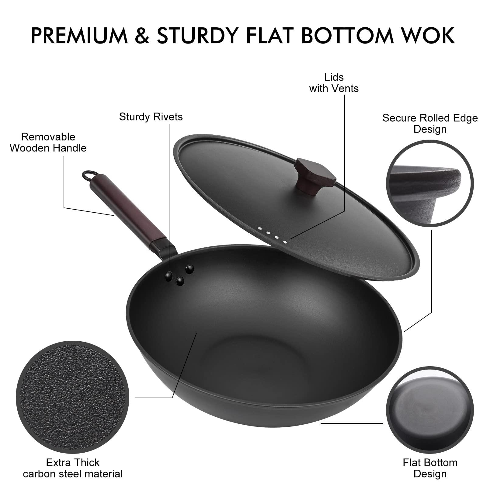 Carbon Steel Wok Pan - 12.9” Wok Pan with Lid, Woks & Stir-fry Pans, No Chemical Coated Chinese Wok with 4 Cookware Accessories Flat Bottom Wok for Induction, Electric, Gas, All Stoves - CookCave