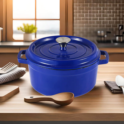 Enameled Cast Iron Dutch Oven Pre-seasoned Pot with Lid & Handles, 4 Quart Enamel Coated Cookware Pot with Silicone Handles and Mat for Cooking, Basting, or Baking, Blue - CookCave