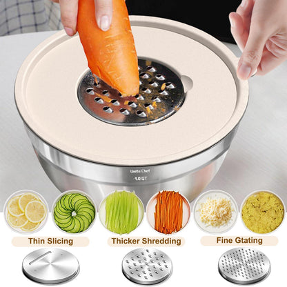 Umite Chef Mixing Bowls with Airtight Lids Set, 8PCS Stainless Steel Khaki Nesting Bowls with Grater Attachments, Kitchen Bowls with Non-Slip Bottoms, Size 5, 4, 3.5, 2, 1.5QT for Mixing & Serving - CookCave