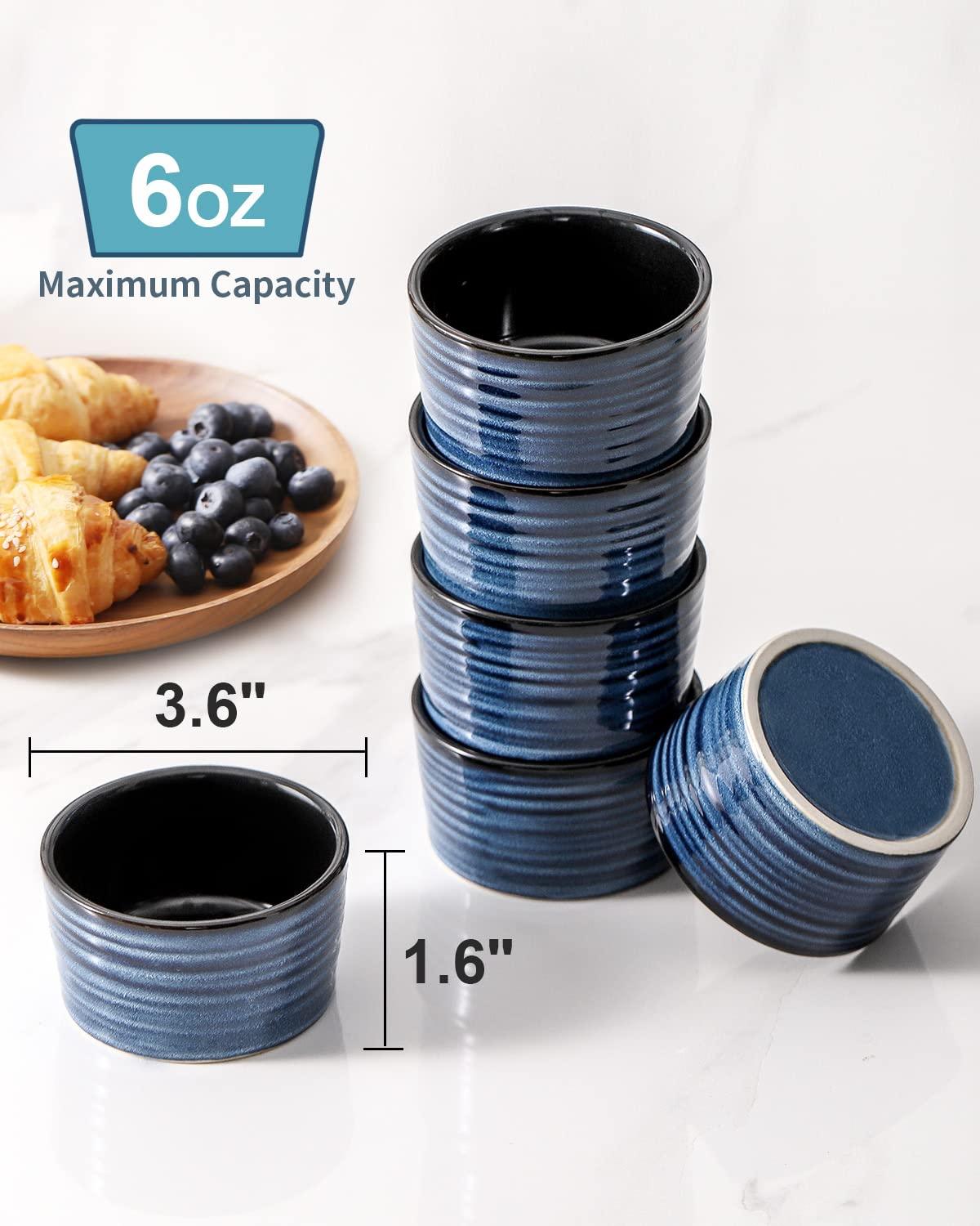 Hasense 6 oz Ramekins for Baking,Ceramic Souffle Dish Oven Safe Set of 6,Porcelain Dipping Sauce Bowls for Pudding, Creme Brulee, Souffle, Serving Dip, Custard, Ice Cream(Blue) - CookCave