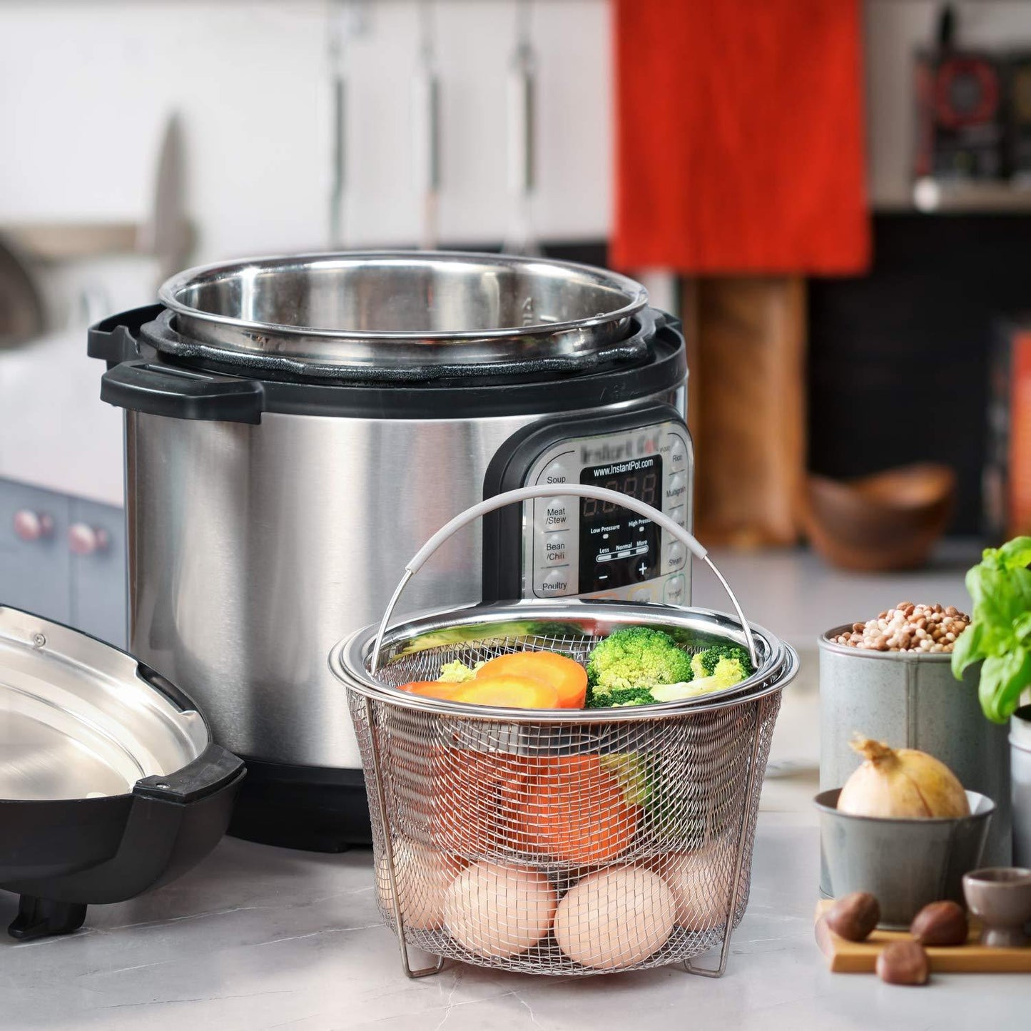 AOZITA Steamer Basket for Instant Pot Accessories 6 qt or 8 quart - 2 Tier Stackable 18/8 Stainless Steel Mesh - Silicone Handle - Vegetable Steamer Insert, Egg Basket, Pasta Strainer,Silver - CookCave