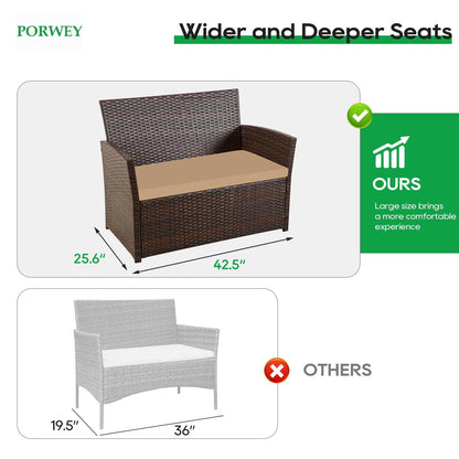 PORWEY Patio Outdoor Furniture 4 Pieces Sectional Sofa Set Balcony Furniture Wicker Rattan Chairs with Table and Loveseat for Garden, Porch, Backyard, Brown Wicker/Brown Cushion - CookCave