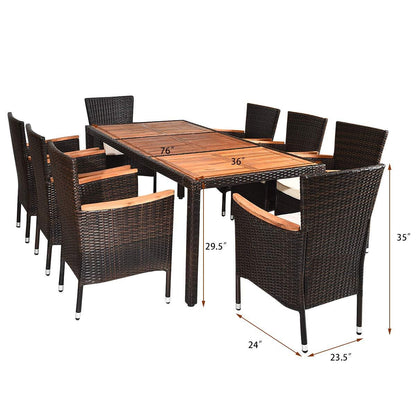 Tangkula 9 Piece Outdoor Dining Set, Garden Patio Wicker Set w/Cushions, Furniture with Acacia Wood Table and Stackable Armrest Chairs - CookCave