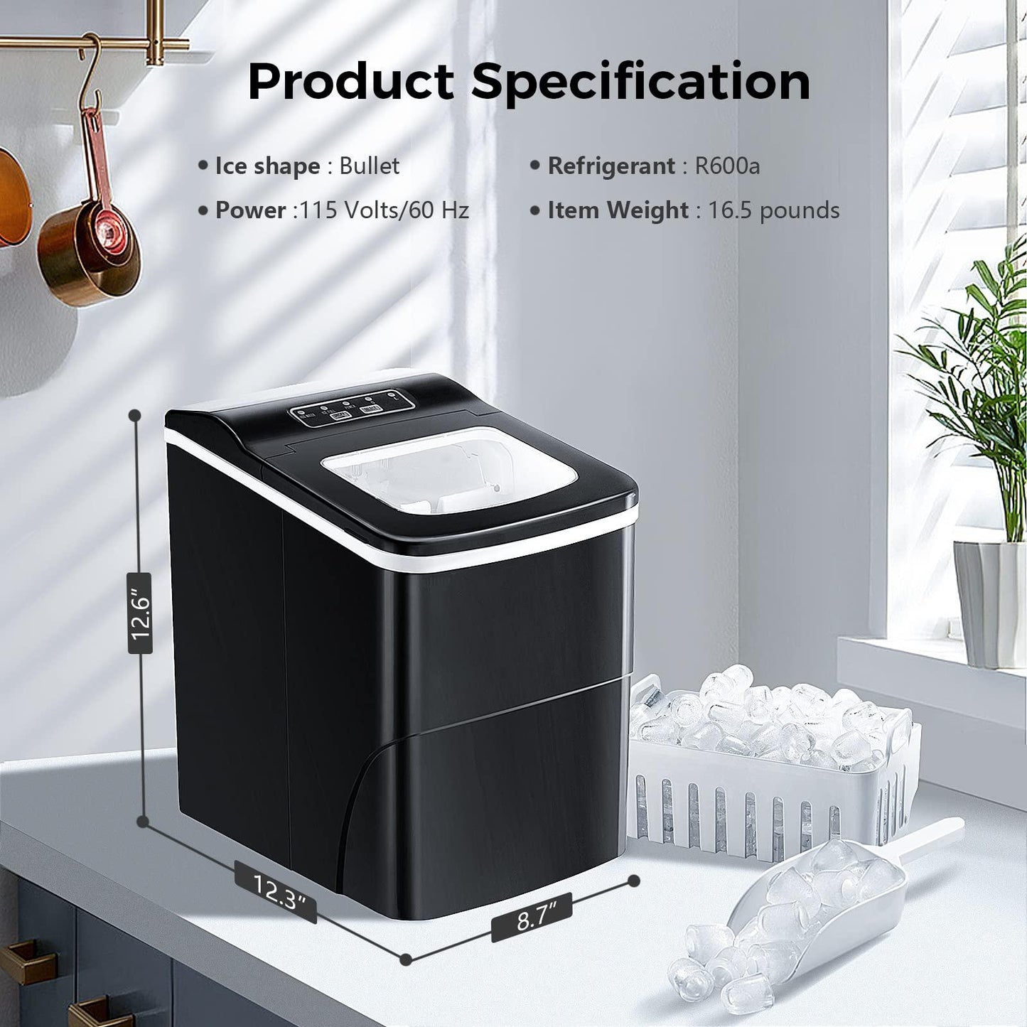 AGLUCKY Ice Makers Countertop with Self-Cleaning, 26.5lbs/24hrs, 9 Cubes Ready in 6~8Mins, Portable Ice Machine with 2 Sizes Bullet Ice/Ice Scoop/Basket for Home/Kitchen/Office/Bar/Party, Black - CookCave