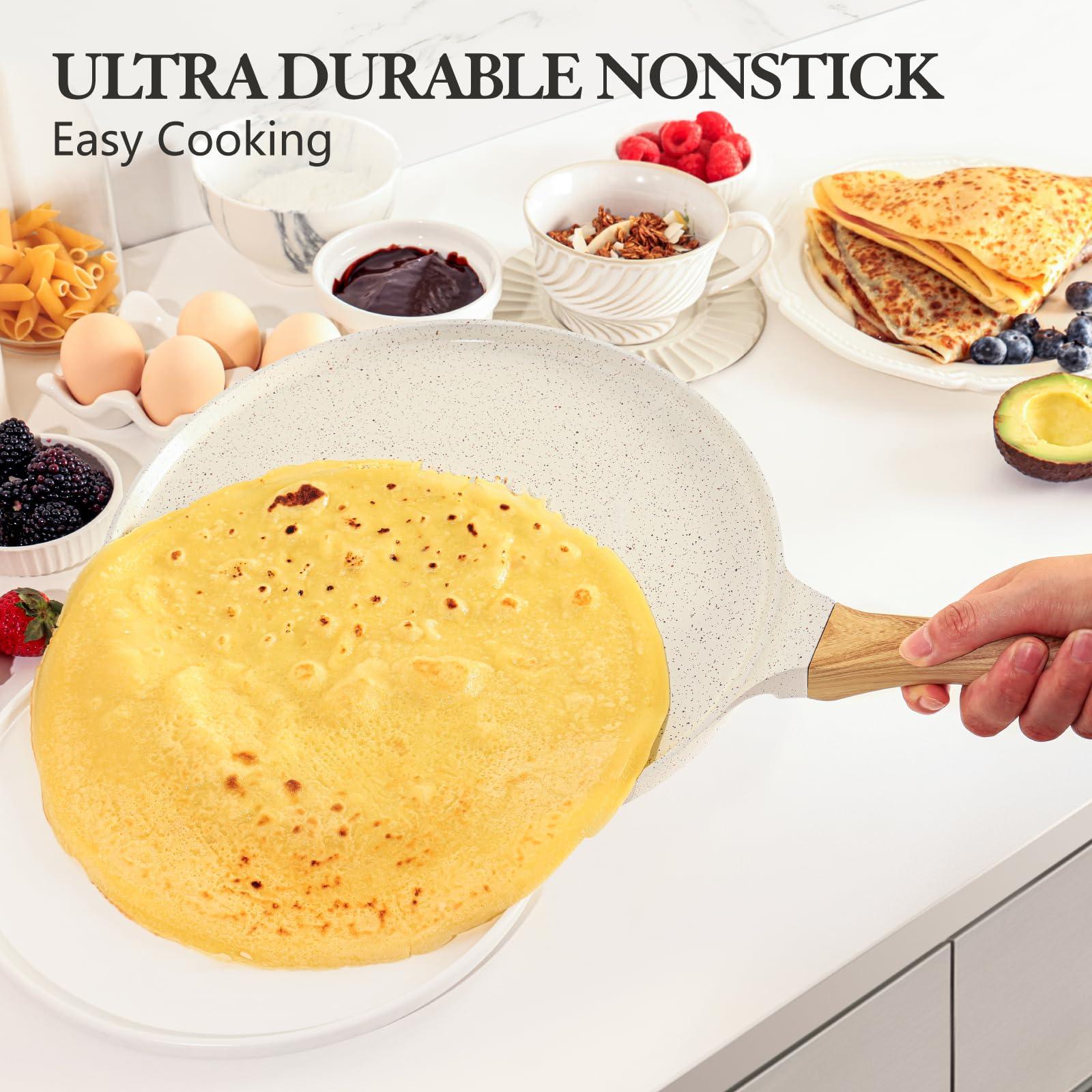 SENSARTE Nonstick Crepe Pan with Spreader, 10-Inch Natural Ceramic Coating Dosa Pan Pancake Flat Skillet Tawa Griddle with Stay-Cool Handle, Induction Compatible, PFOA Free (White) - CookCave