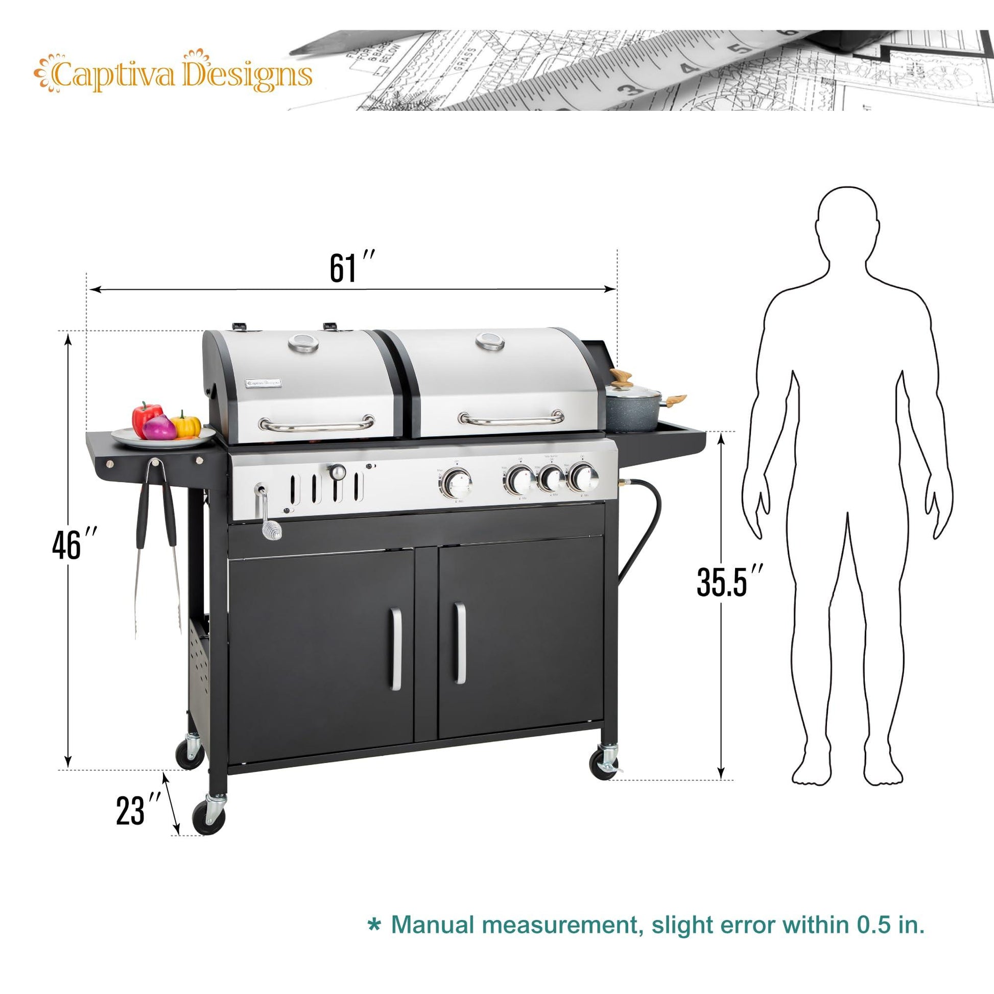 Captiva Designs Propane Gas Grill and Charcoal Grill Combo with Side Burner & Porcelain-Enameled Cast Iron Grate, Dual Fuel BBQ Grill for Outdoor Kitchen & Backyard Barbecue, 690 SQIN Cooking Area - CookCave