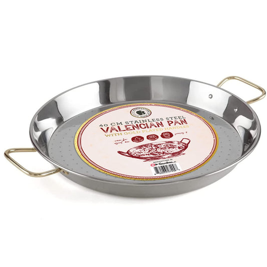 Gourmanity Made By Garcima, 16inch Stainless Steel Paella pan, 40cm Paella Pan Large From Spain, Paella Pan Stainless Steel with Gold Plated Handles, Imported Spanish Paella Dish - CookCave