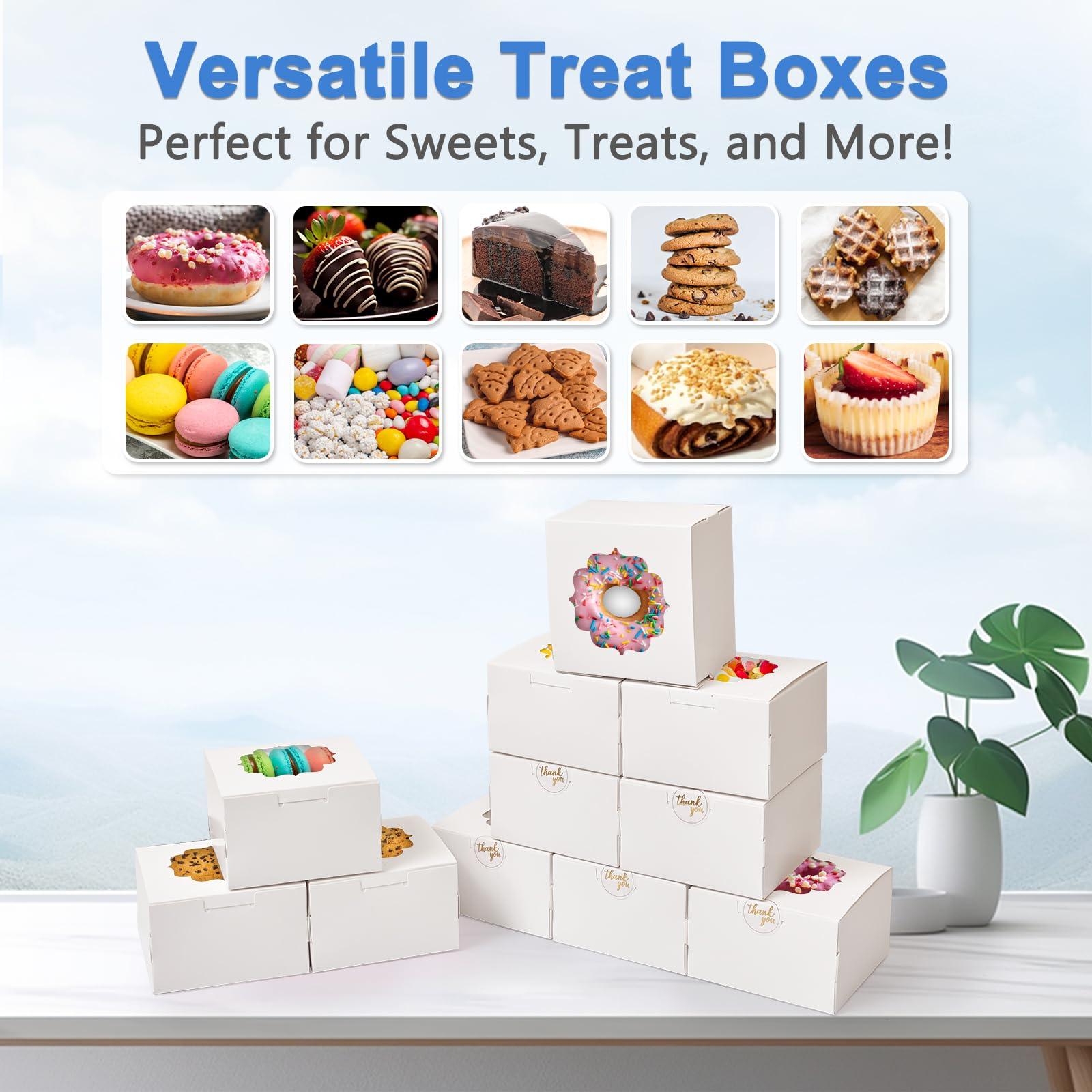 Shallive 4-Inch Small Cookie Boxes 50Pcs White - Bakery Treat Box with Window for Gifting, To-go Containers for Cake Slice, Macarons, Donuts 4x4x2.5 - CookCave