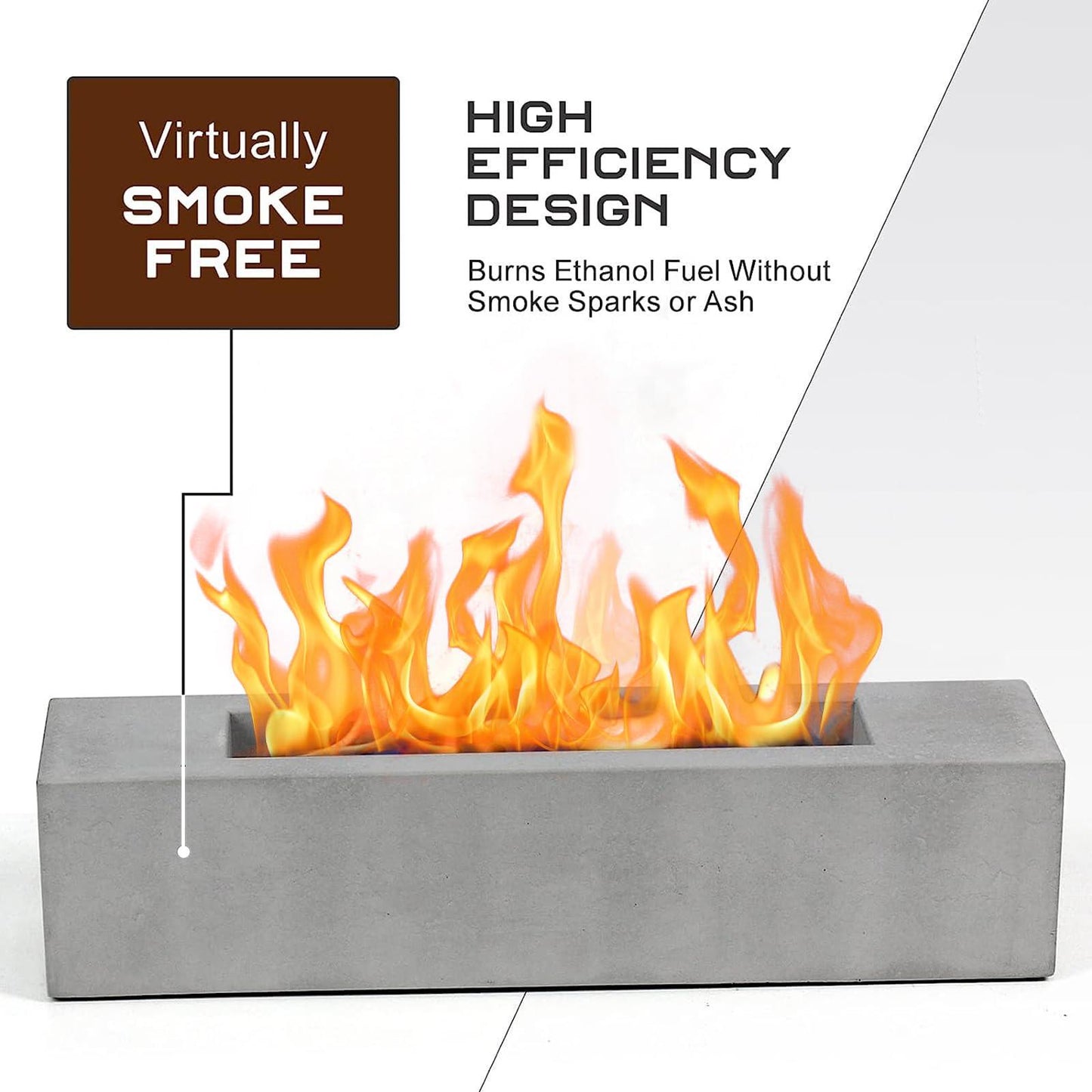 BRIAN & DANY Tabletop Fire Pit, Concrete Table Top Firepit for Indoor & Outdoor, Rectangle Ethanol Tabletop Fireplace, 14.9" x 3.3" x 3.3" - CookCave