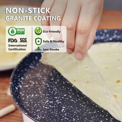 Non Stick Crepe Pan with Spreader Spatula, 11 inch PFOA-Free Granite Dosa Pan, Flat Skillet Grill Pan Comal for Tortillas, Omelette, Pancake Induction Bottom for Glass, Ceramic, Gas Stove Top - CookCave