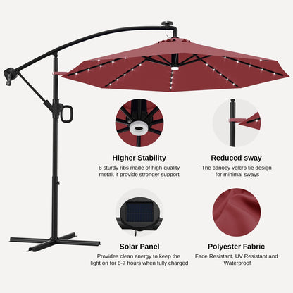 EAST OAK Patio Umbrella, 10 ft Outdoor Offset Umbrella with 8 Ribs, 40 LED Solar Lights and Crank, Aluminum Pole and UPF 50+ Fade Resistant for Garden, Deck and Poolside, Wine Red - CookCave